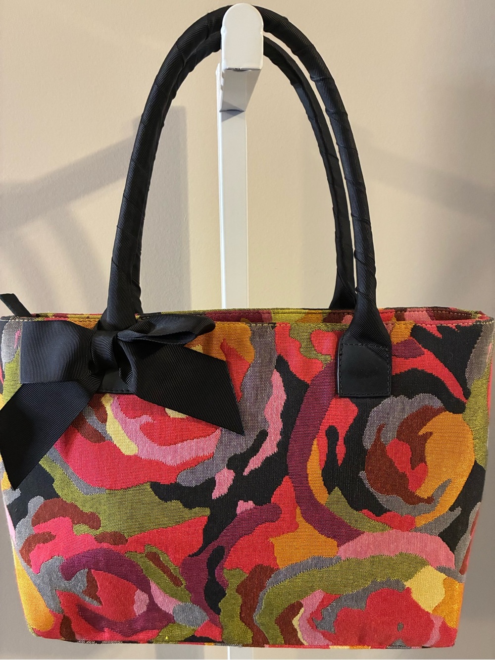 Talbots Floral Multicolor Canvas Tote Bag with Black Bow Like New - Picture 2 of 7
